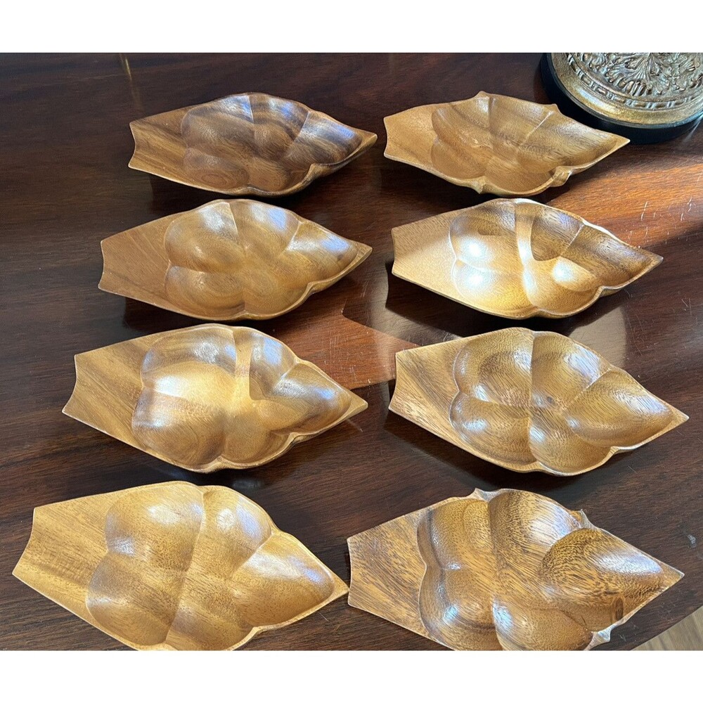 MCM Hand Carved Wooden Bowls Leaf Shape Nut, Hors d'oeuvres, Dessert Vintage